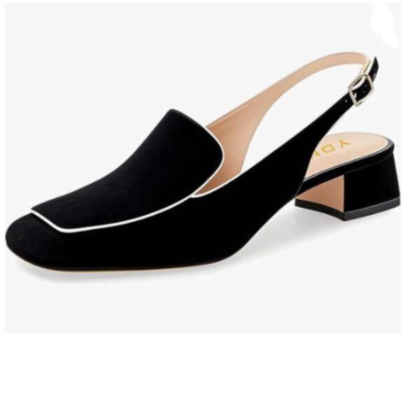 YDN Black Square Toe Block Low Heels Slingback Formal Loafer Dressy Shoes Pump - Picture 1 of 8